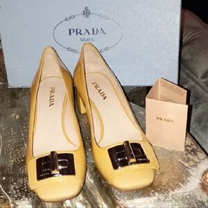 Prada Women's Yellow Heels with Black Buckle
